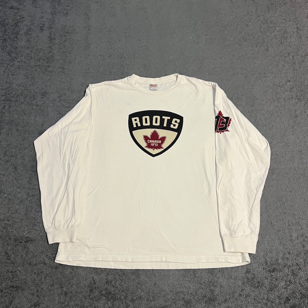 Vintage 90s Roots Athletics Mens Long Sleeve Shirt Canada 1973 Shield Large